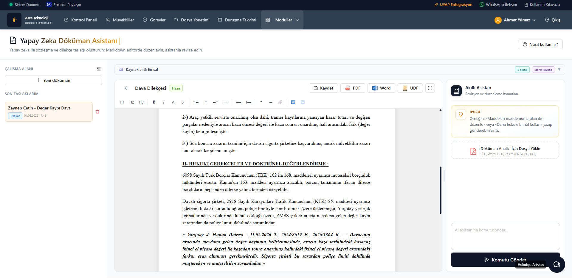 Hukukçu sözleşme ve dilekçe editörü ile yapay zekâ asistan paneli ekran görüntüsü